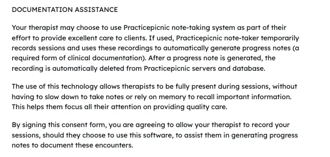 practicepicnic ai notes informed consent screenshot