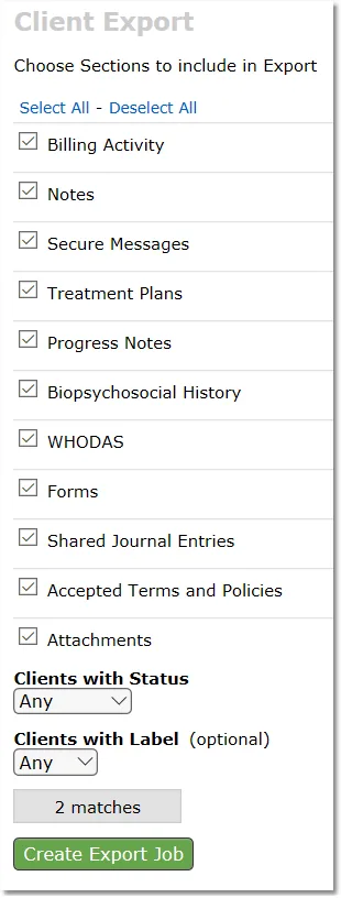 CounSol Client Export sections