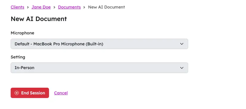 practicepicnic create ai document recording screenshot