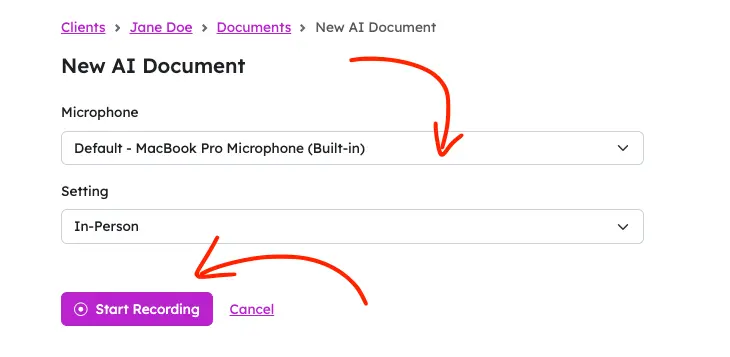 practicepicnic create ai document with record highlighted screenshot