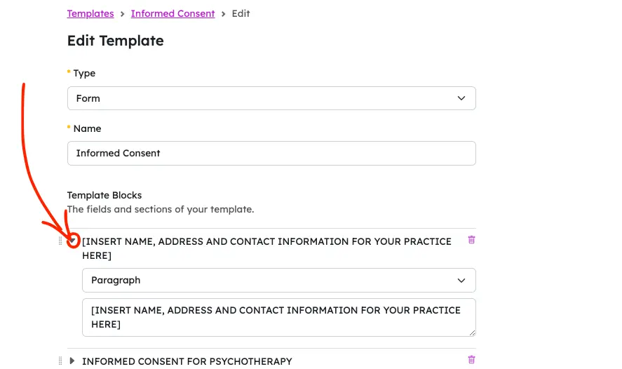 practicepicnic edit informed consent with caret highlighted screenshot