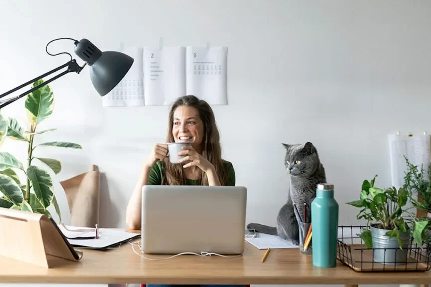therapist at a desk with a mug and a cat