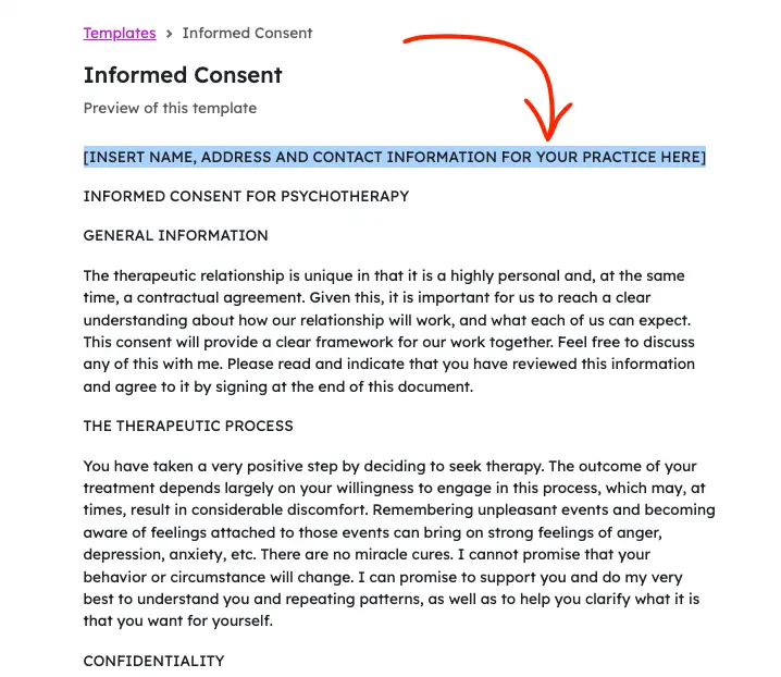 practicepicnic informed consent with placeholder highlighted screenshot