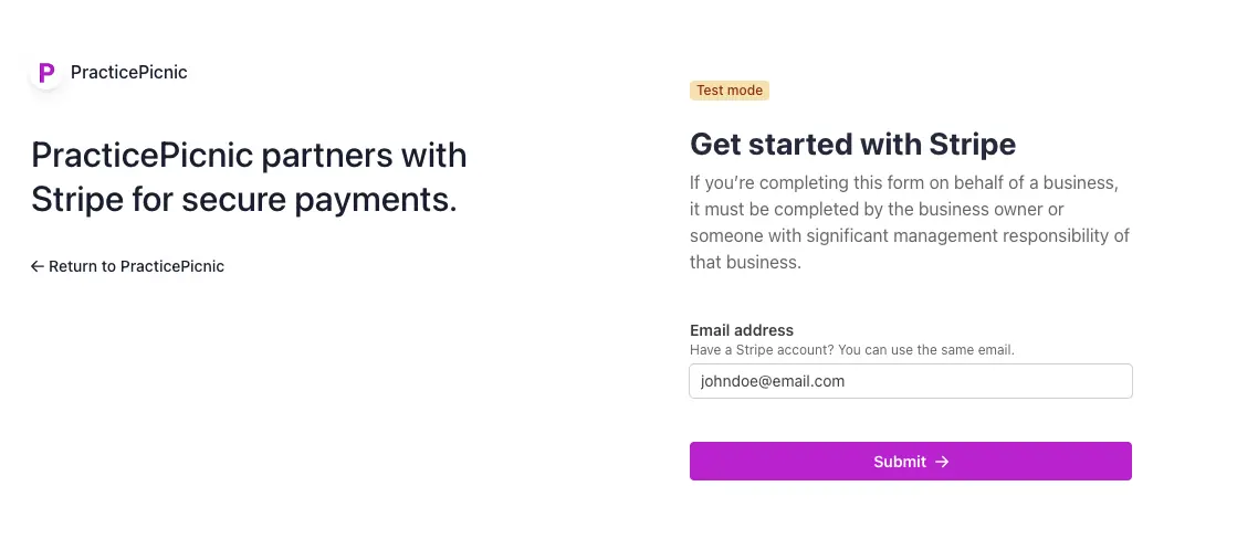 practicepicnic online payments stripe step 1 screenshot
