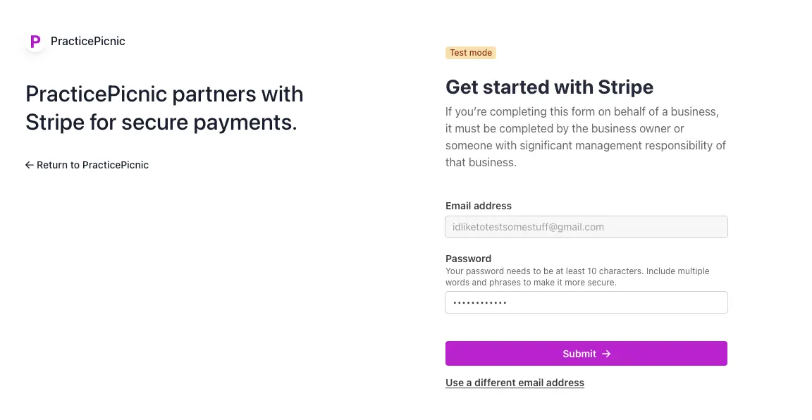 practicepicnic online payments stripe step 2 screenshot