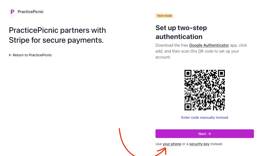 practicepicnic online payments stripe step 3 screenshot