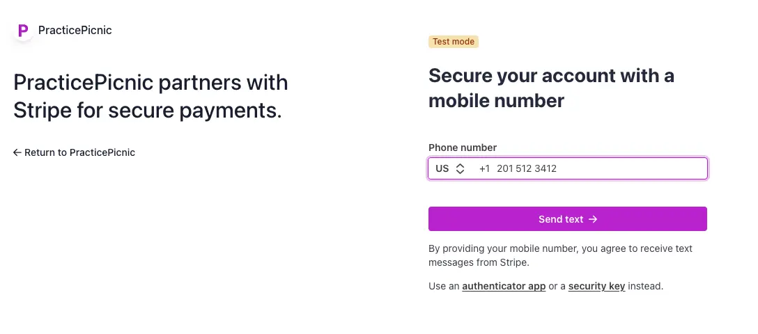 practicepicnic online payments stripe step 4 screenshot