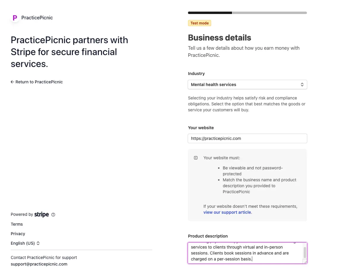practicepicnic online payments stripe step 7 screenshot