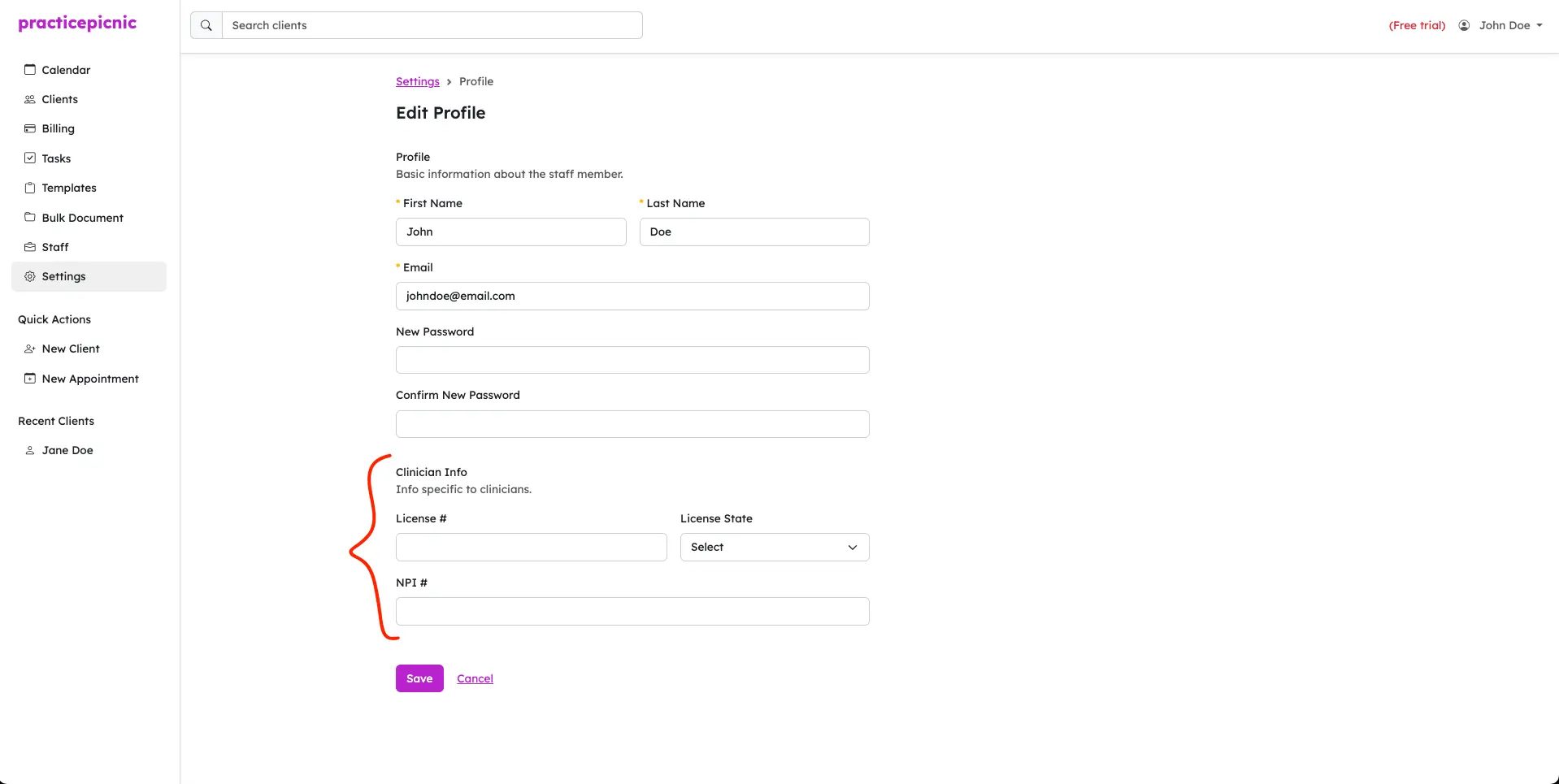 practicepicnic profile page with clinical highlighted