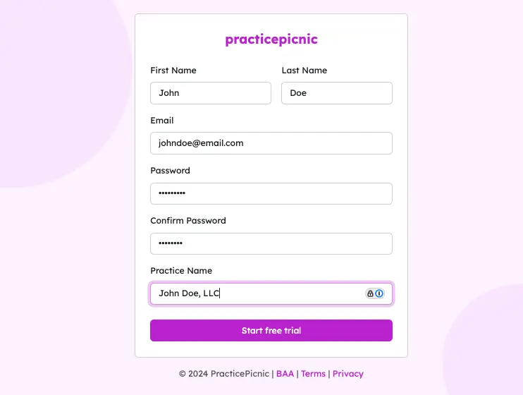 practicepicnic register page filled in screenshot