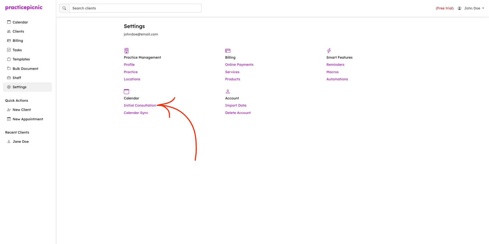 practicepicnic settings with initial consultation highlighted