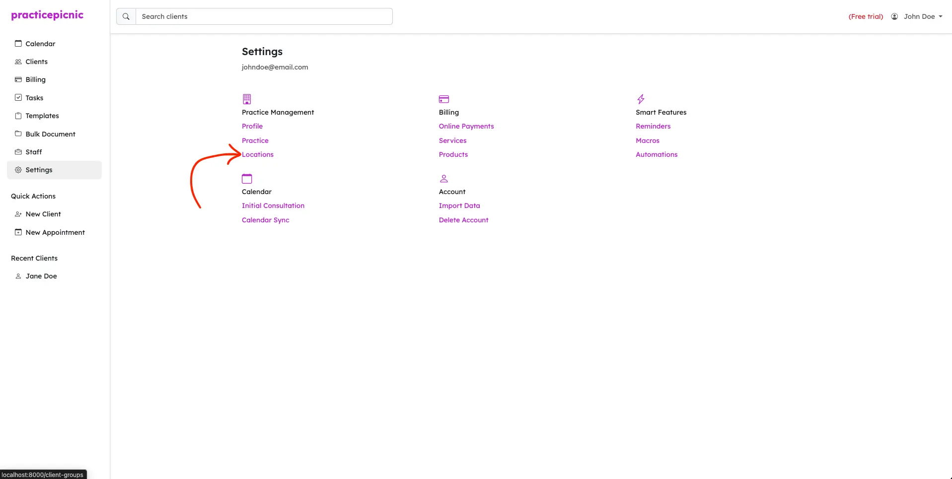 practicepicnic settings with locations highlighted