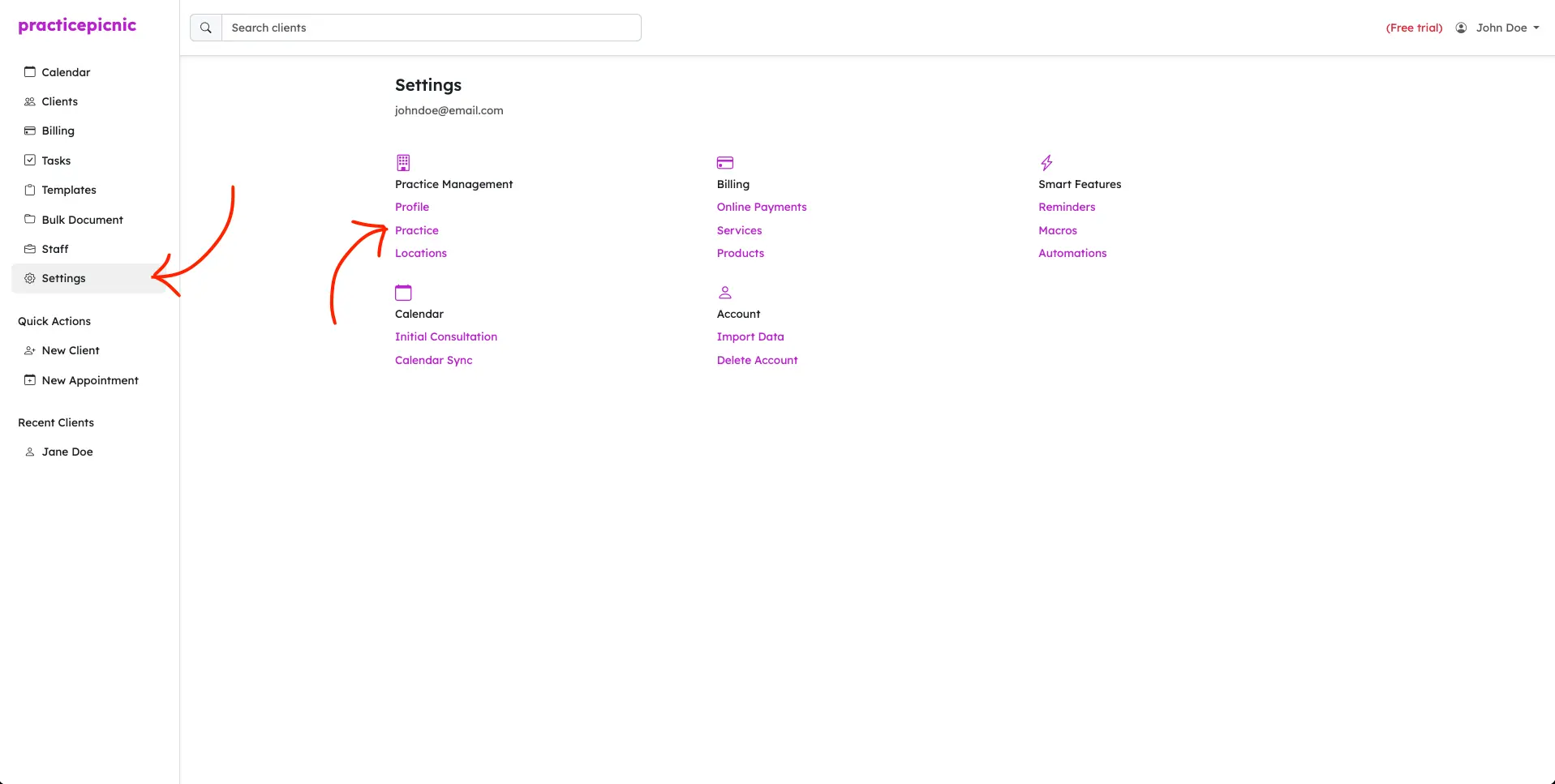 practicepicnic settings with practice highlighted