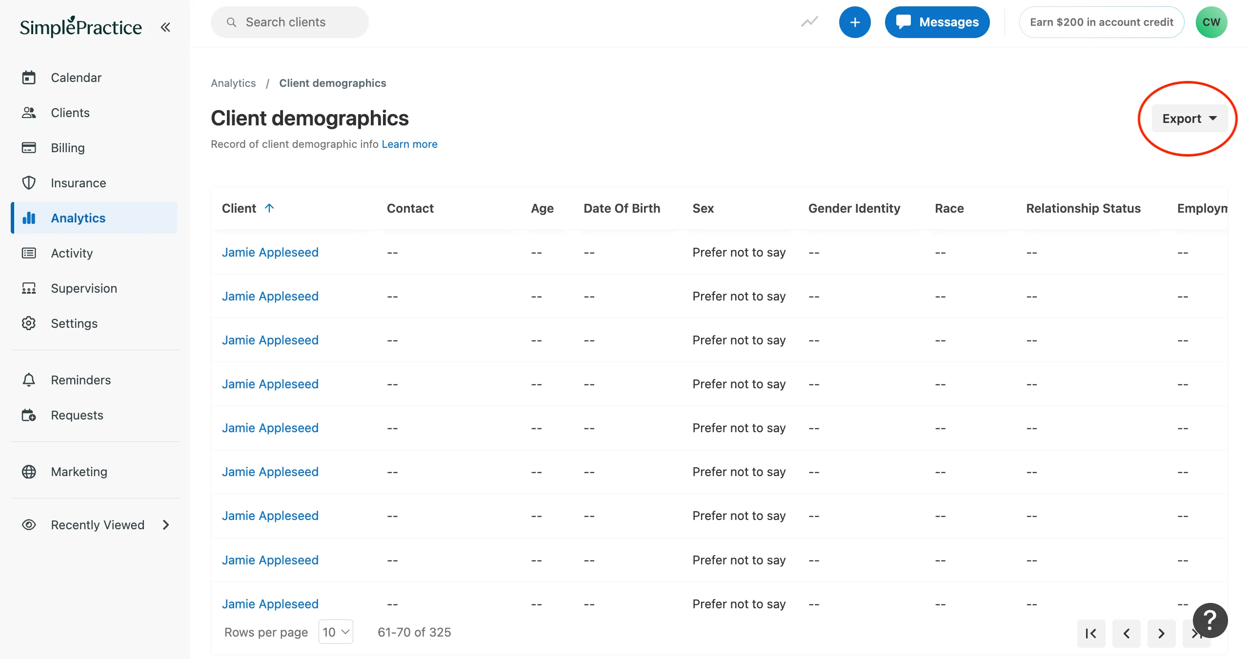 SimplePractice client demographics export