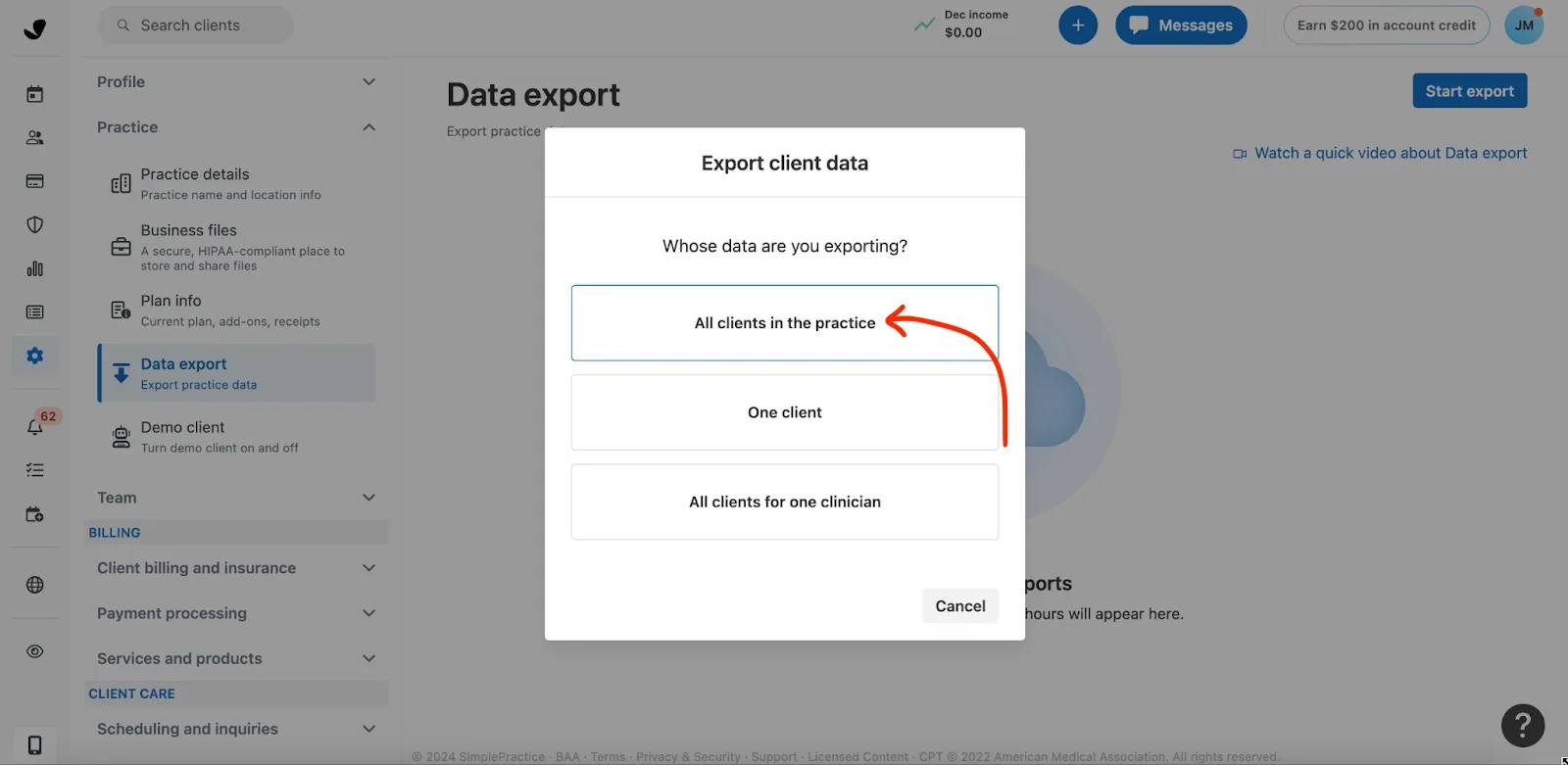 SimplePractice data export, all clients in the practice