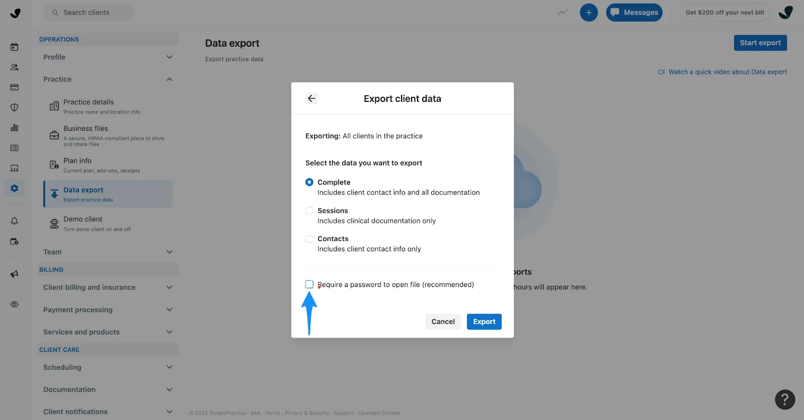 SimplePractice data export, Complete with Require password unchecked