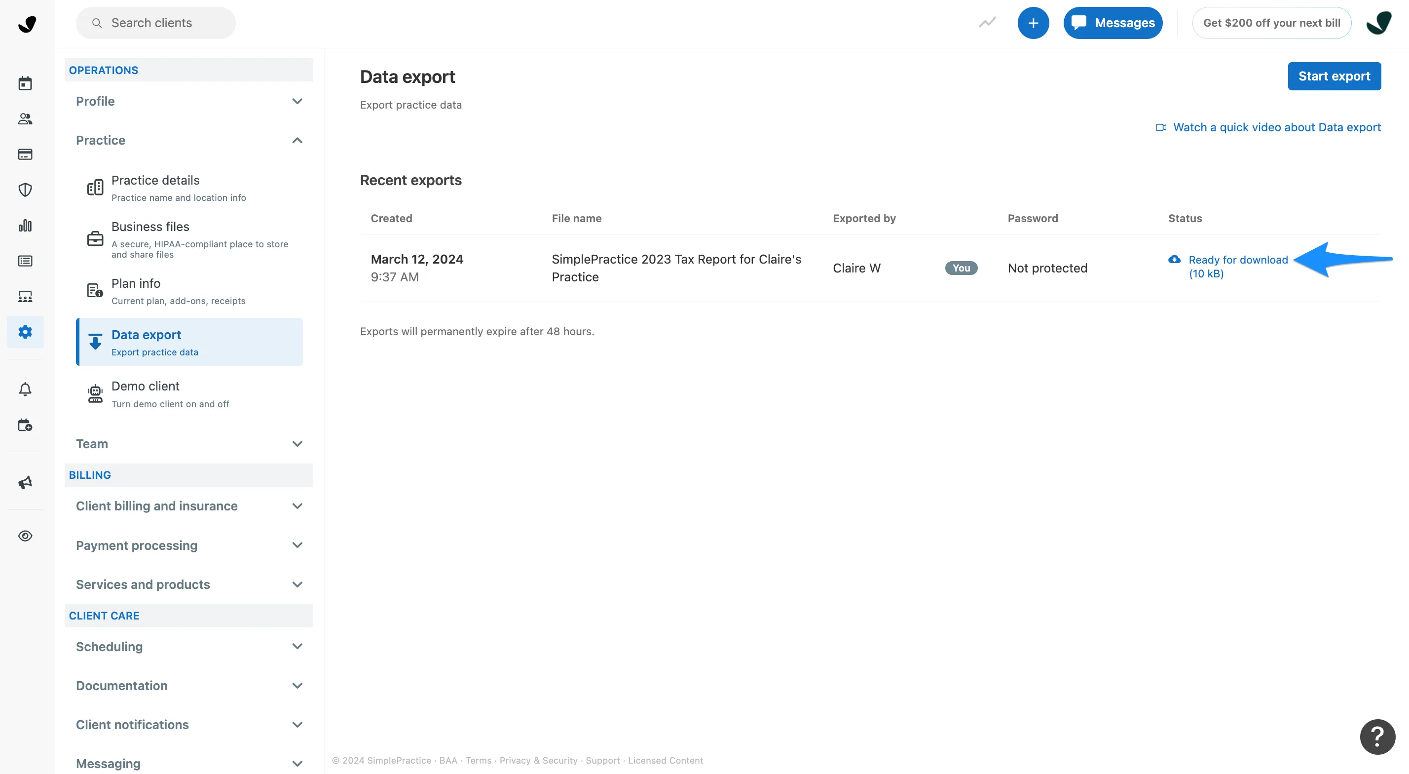 SimplePractice data export ready for download