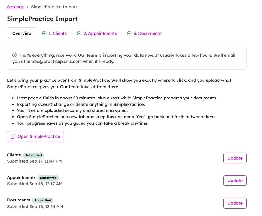 The SimplePractice import tool in Practicepicnic