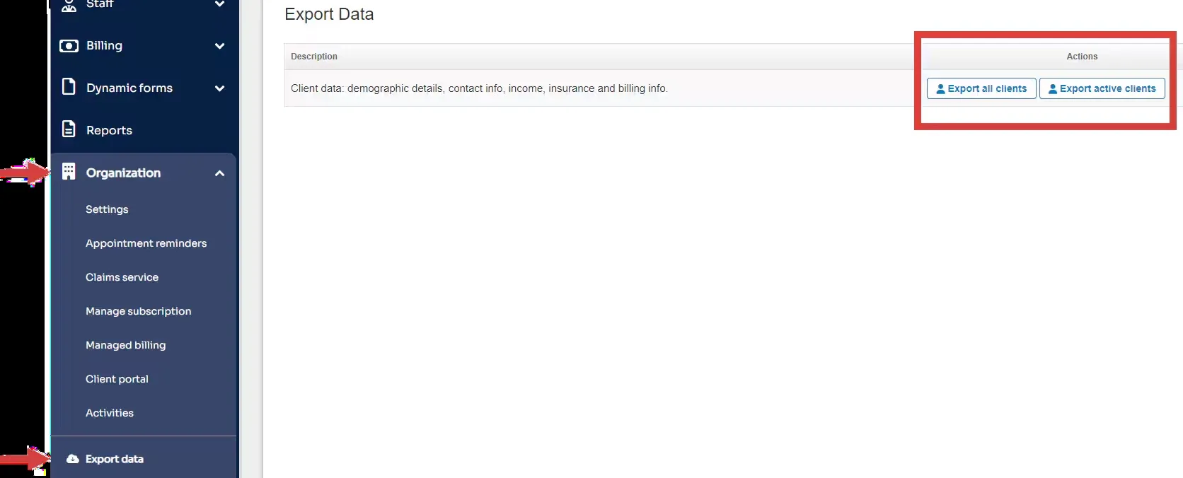 TheraNest Export Data page