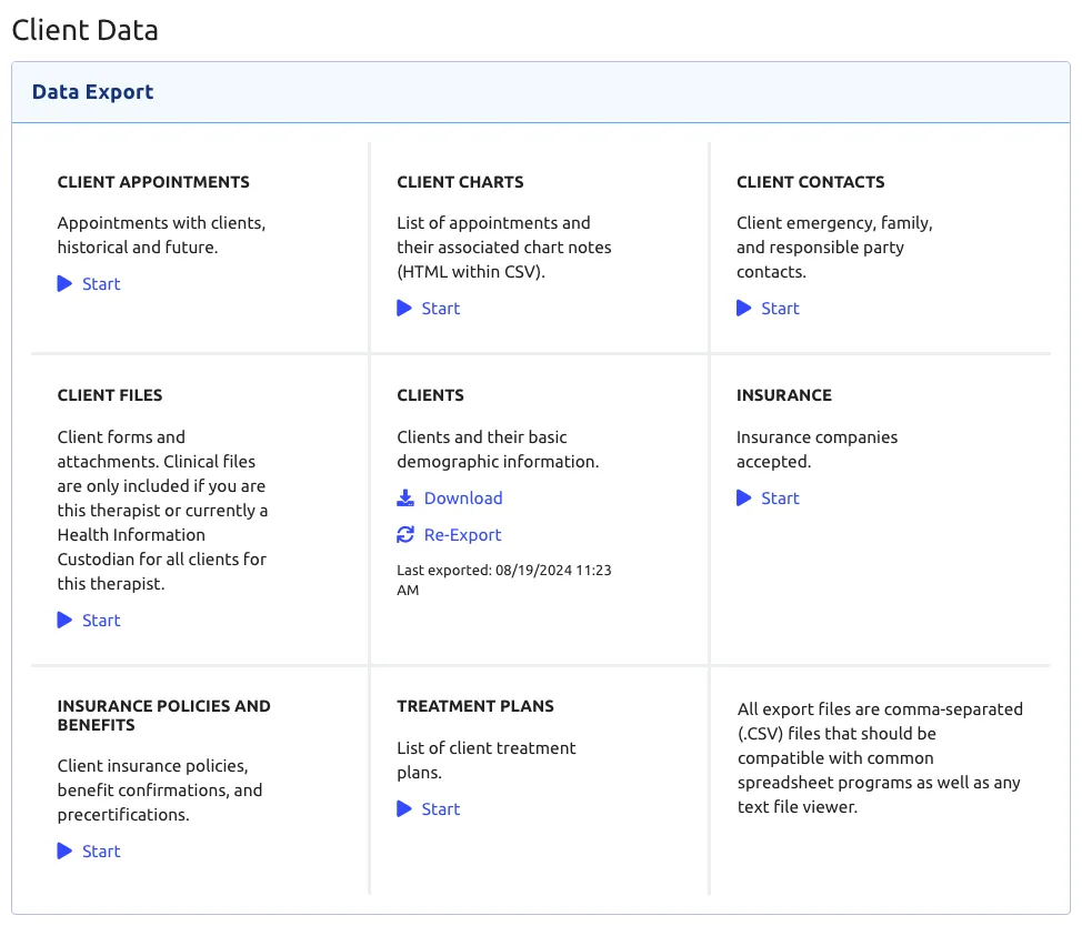 TherapyAppointment Client Data export grid